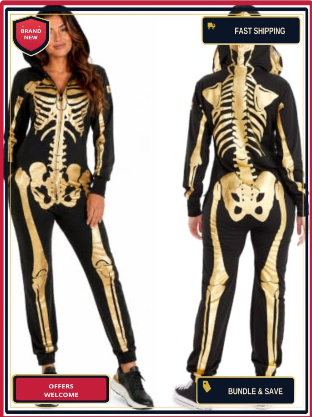 Women's Skeleton Halloween Jumpsuit Costume One-Piece with Pockets